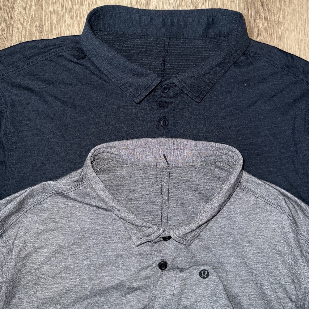 Lot Of 2 Lululemon Evolution Short Sleeve Polo Shirt Men L Grey Navy Performance